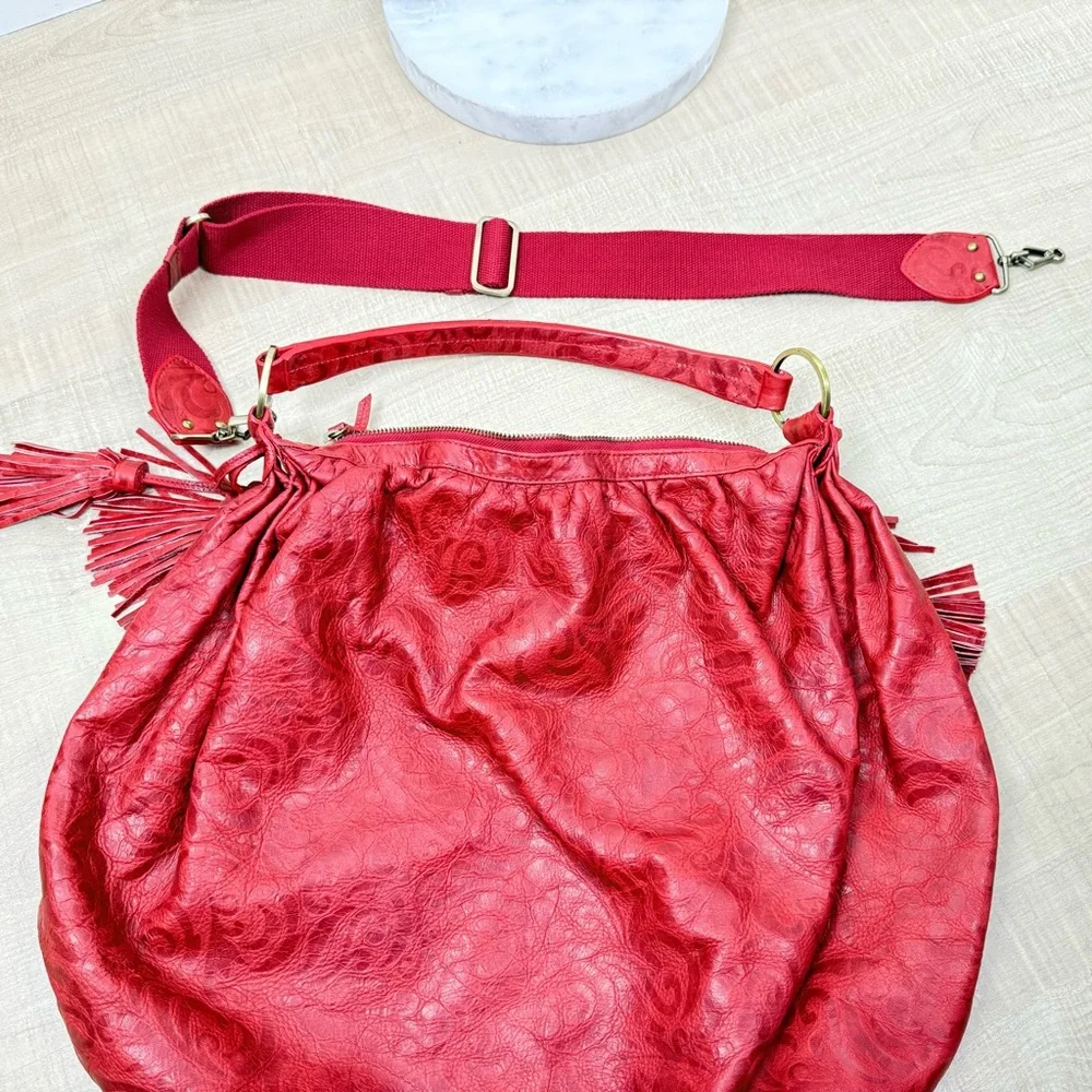 SABINA NEW YORK Red Embossed Leather Hobo Bag Tassels Vintage